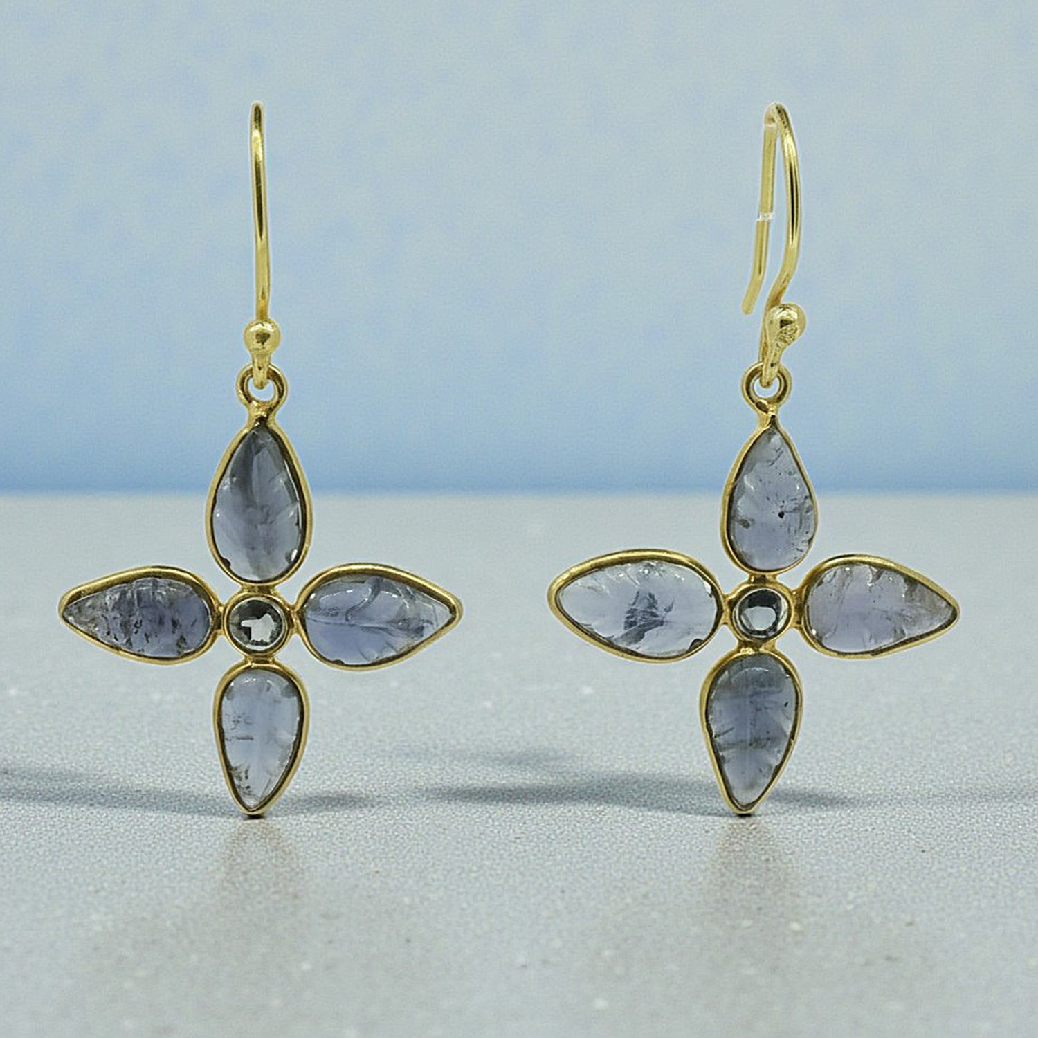 Iolite Flower Drop Earrings in Gold Plated Vermeil