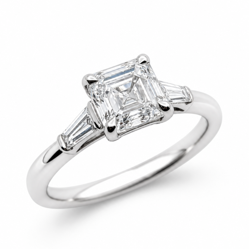 Laboratory Grown Asscher Cut Diamond Ring with Diamond Set Shoulders in Platinum, 1.24ct