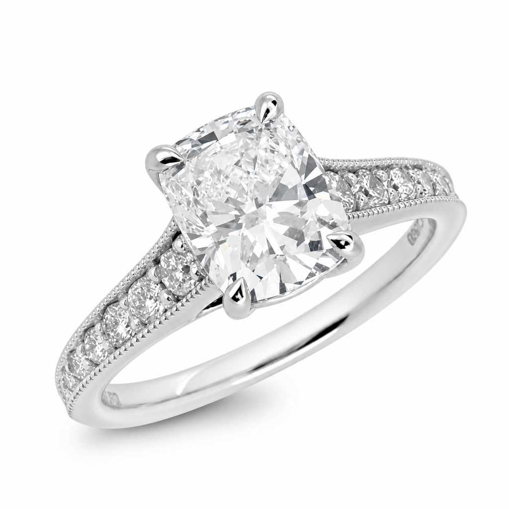 Laboratory Grown Rectangular Cushion Diamond Solitaire Ring with Shoulder Diamonds in Platinum, 1.90ct.