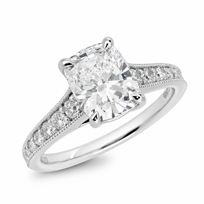 Laboratory Grown Rectangular Cushion Diamond Solitaire Ring with Shoulder Diamonds in Platinum, 1.90ct.