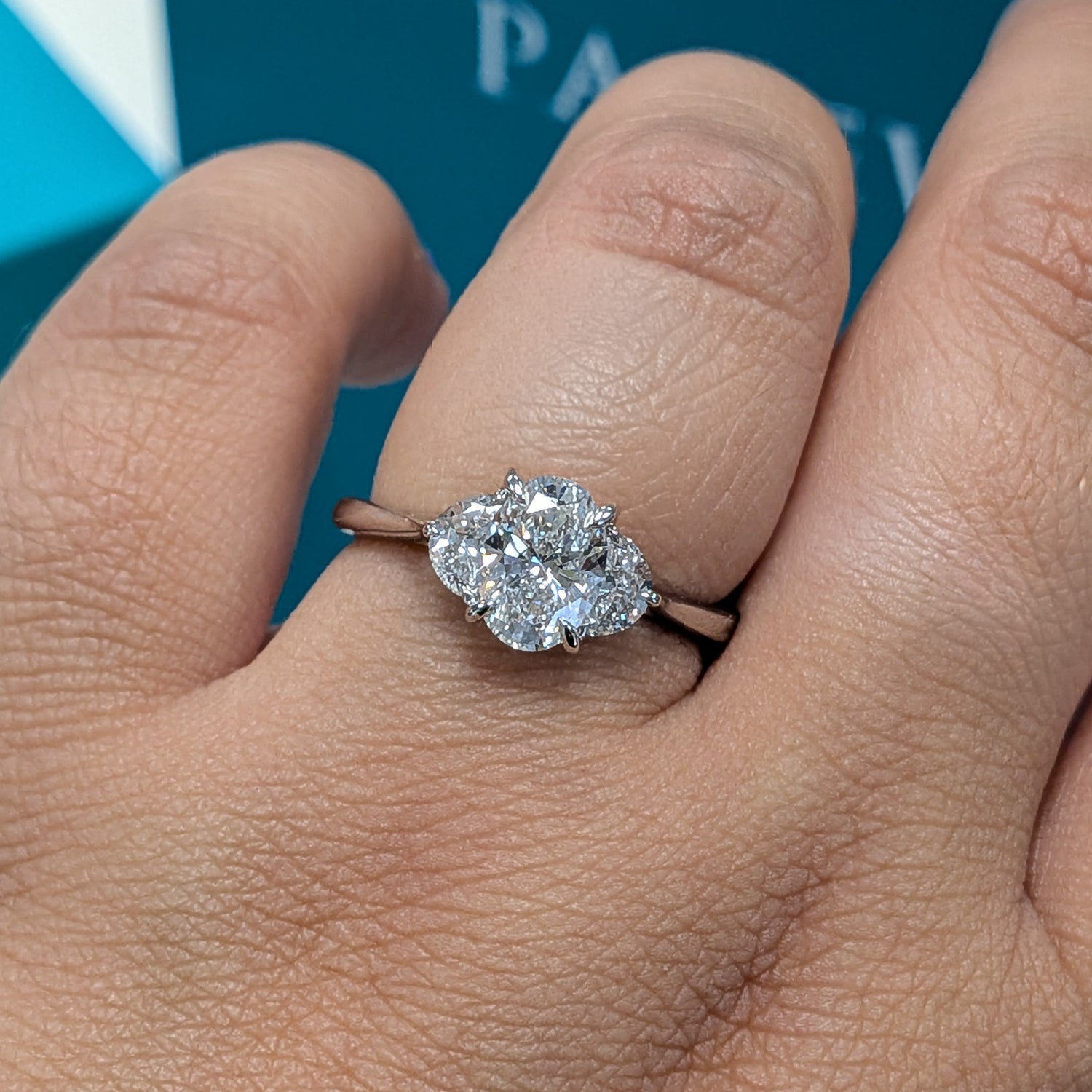 Laboratory Grown Oval &amp; Half Moon Diamond Three Stone Ring in Platinum, 1.53ct