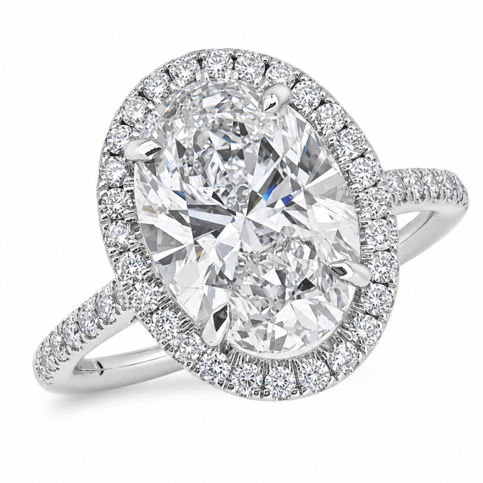 Lab grown oval diamond halo cluster ring in platinum, 3.41ct
