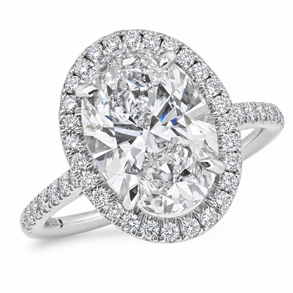 Lab grown oval diamond halo cluster ring in platinum, 3.41ct