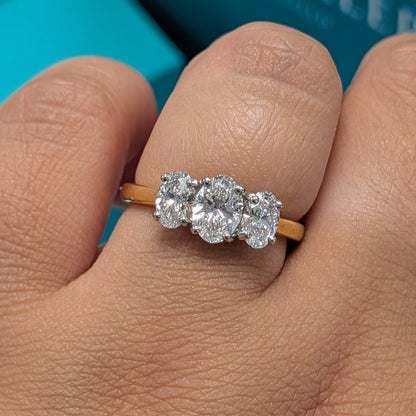 Laboratory Grown Oval Diamond Three Stone Engagement Ring in Platinum and 18ct Yellow Gold, 1.46ct