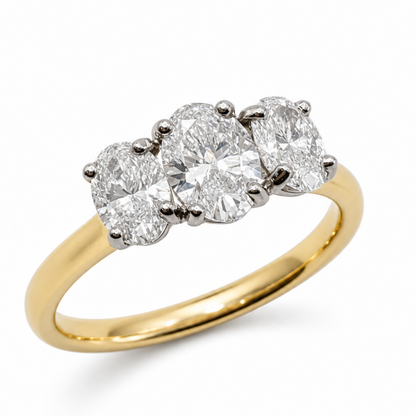 Laboratory Grown Oval Diamond Three Stone Engagement Ring in Platinum and 18ct Yellow Gold, 1.46ct