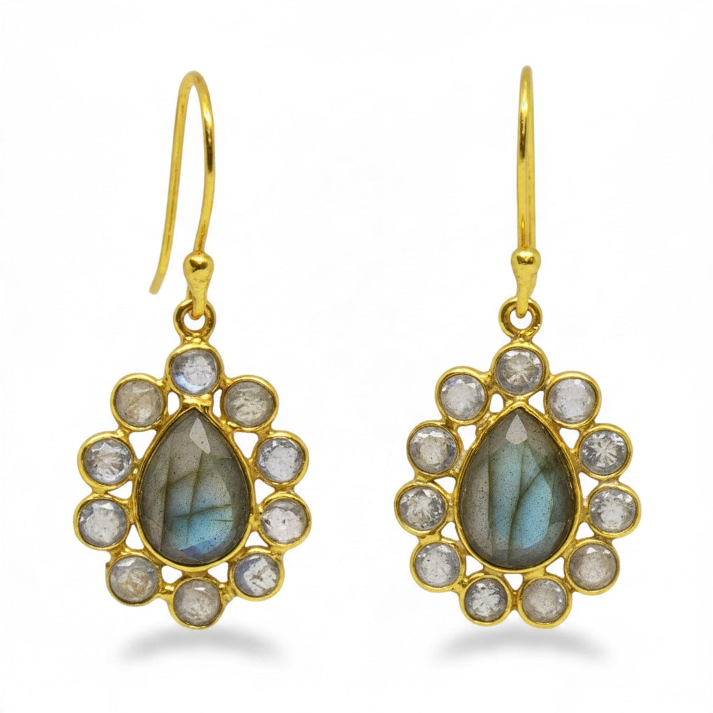 Labradorite and Blue Topaz Halo Drop Earrings