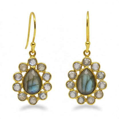 Labradorite and Blue Topaz Halo Drop Earrings