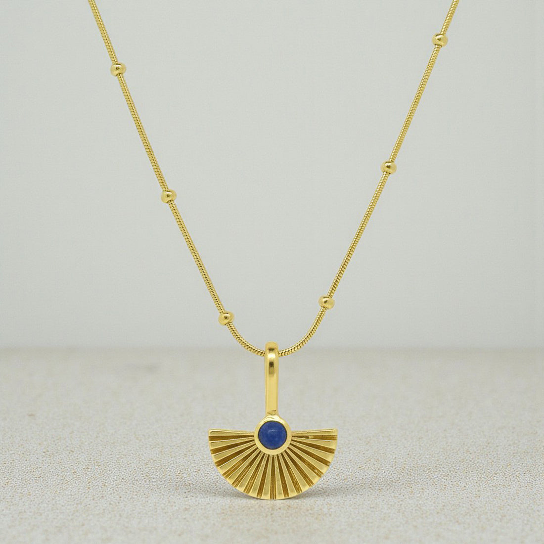 Lapis Lazuli Fan Pendant with Chain in Gold Plated Vermeil