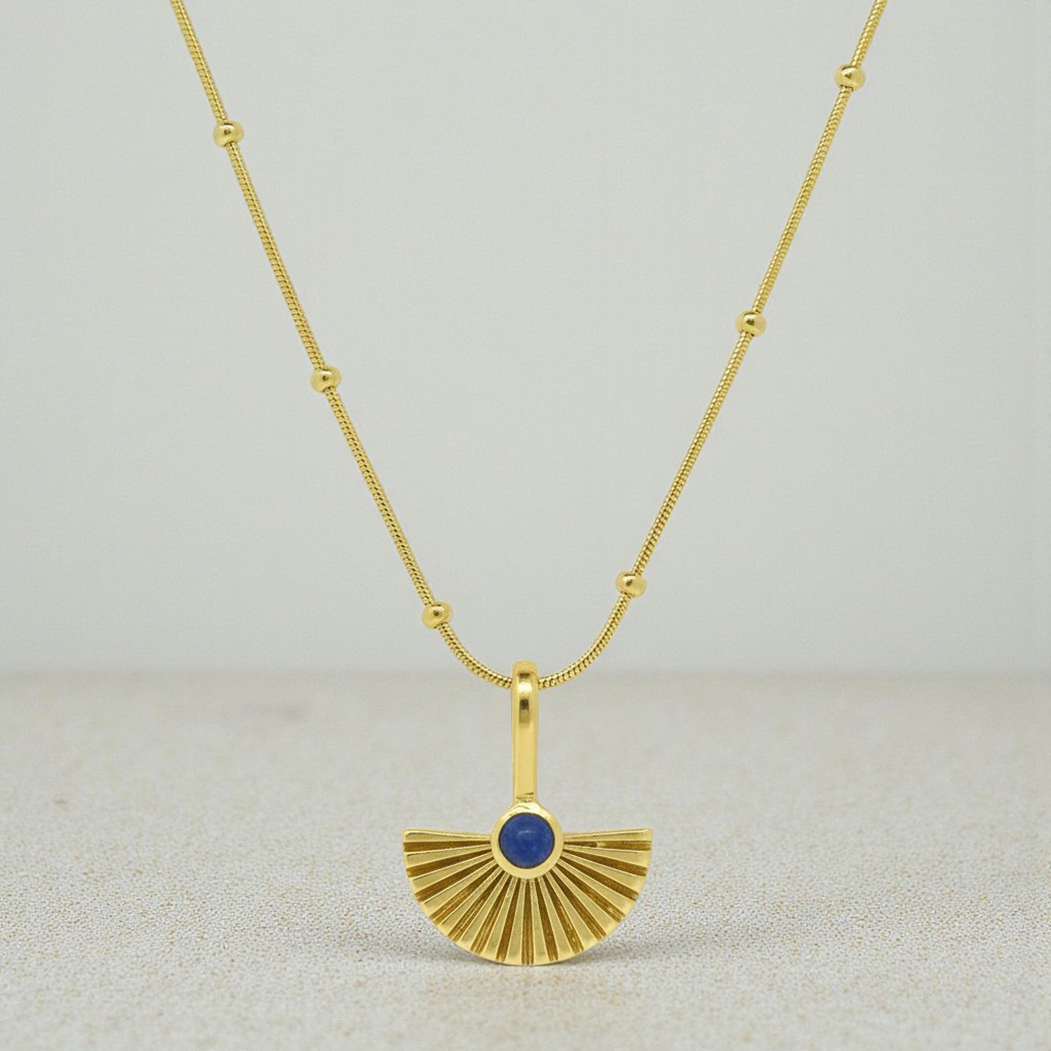 Lapis Lazuli Fan Pendant with Chain in Gold Plated Vermeil