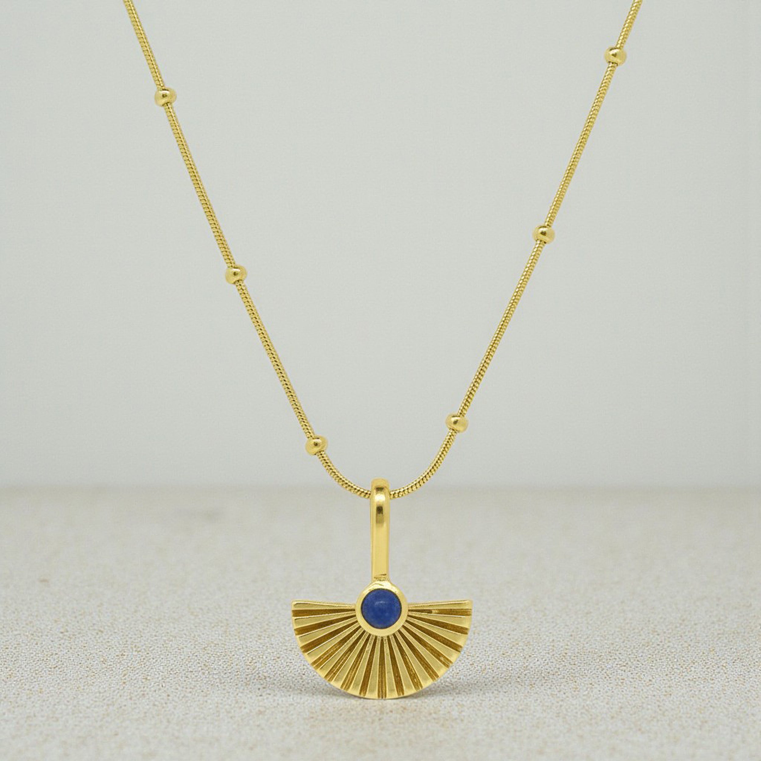Lapis Lazuli Fan Pendant with Chain in Gold Plated Vermeil