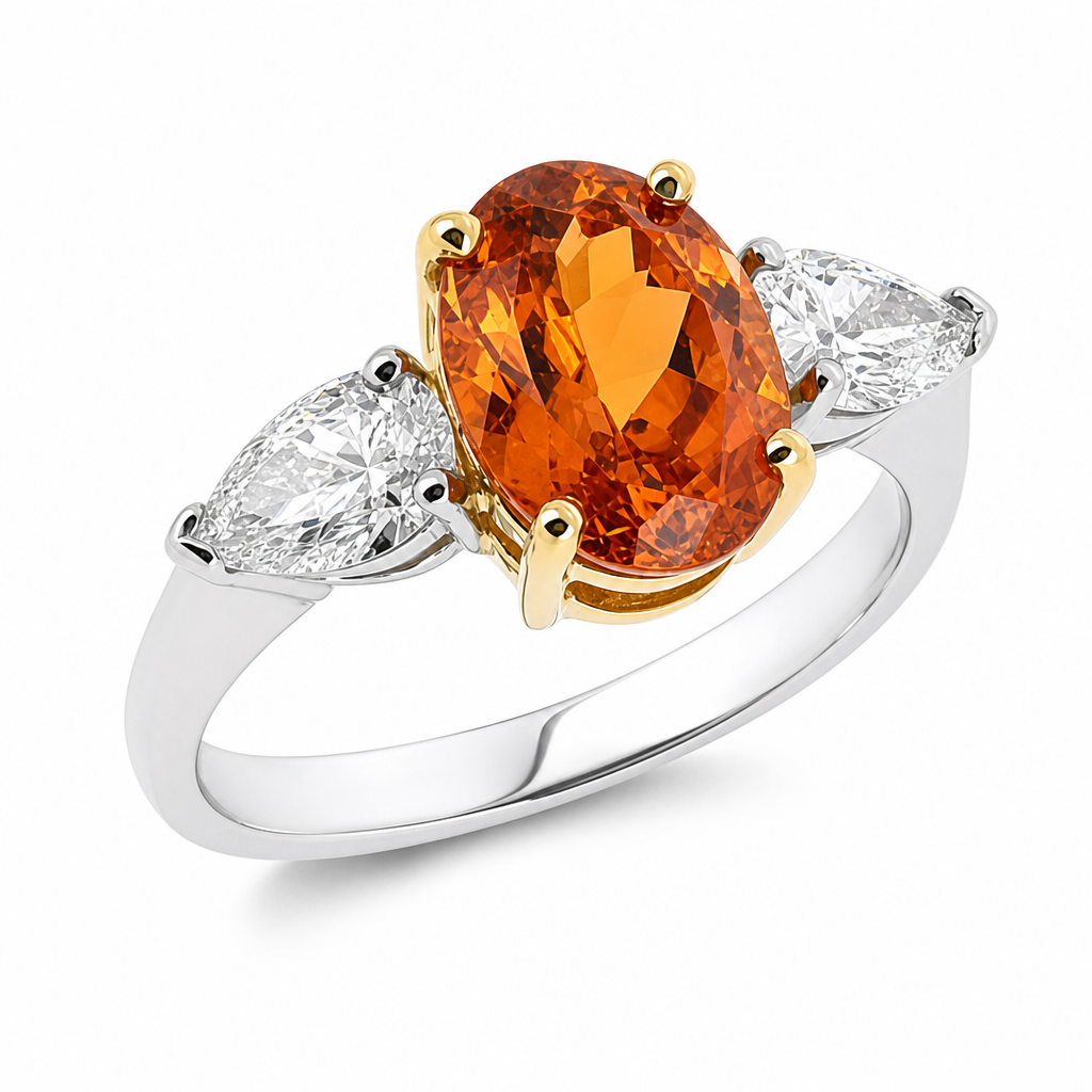 Mandarin garnet and diamond three stone ring in platinum and 18ct gold