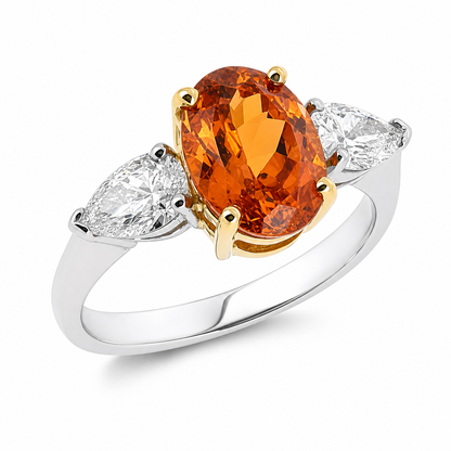 Mandarin garnet and diamond three stone ring in platinum and 18ct gold