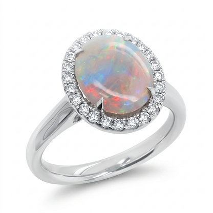 Opal and diamond cluster ring in platinum