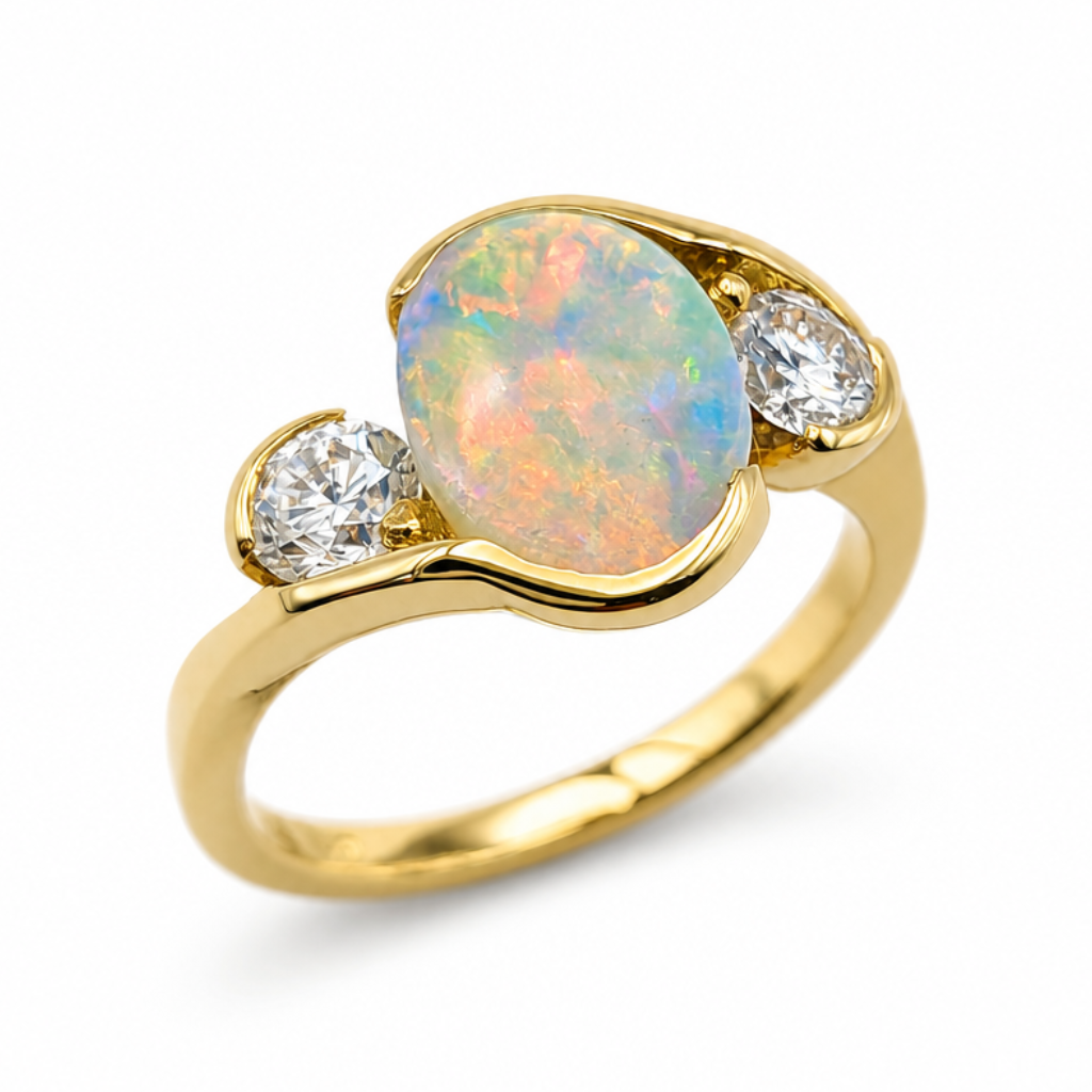 Opal &amp; Diamond Three Stone Ring in 18ct Yellow Gold, 1.82ct