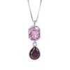 Pink and purple crystal octagon and teardrop shaped pendant and chain in silver.