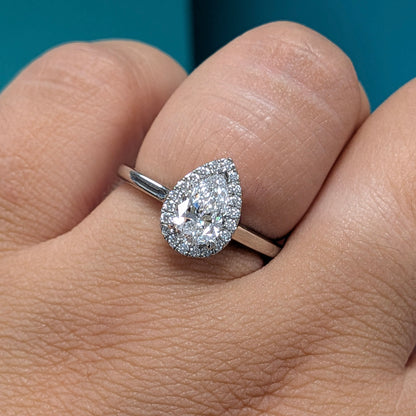 Pear Shaped Diamond Halo Engagement Ring in Platinum, 0.85ct