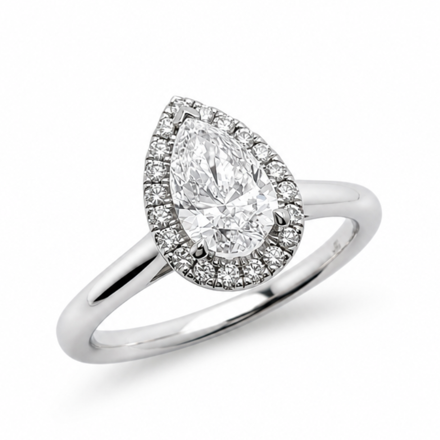 Pear Shaped Diamond Halo Engagement Ring in Platinum, 0.85ct