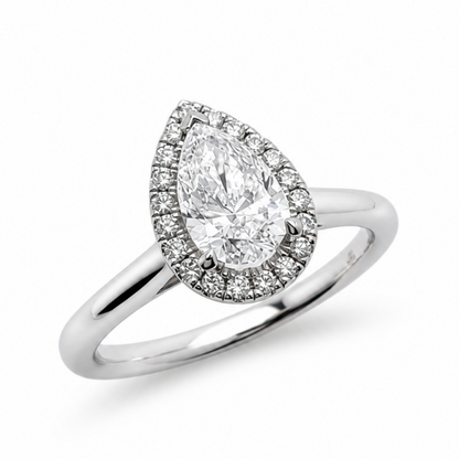 Pear Shaped Diamond Halo Engagement Ring in Platinum, 0.85ct