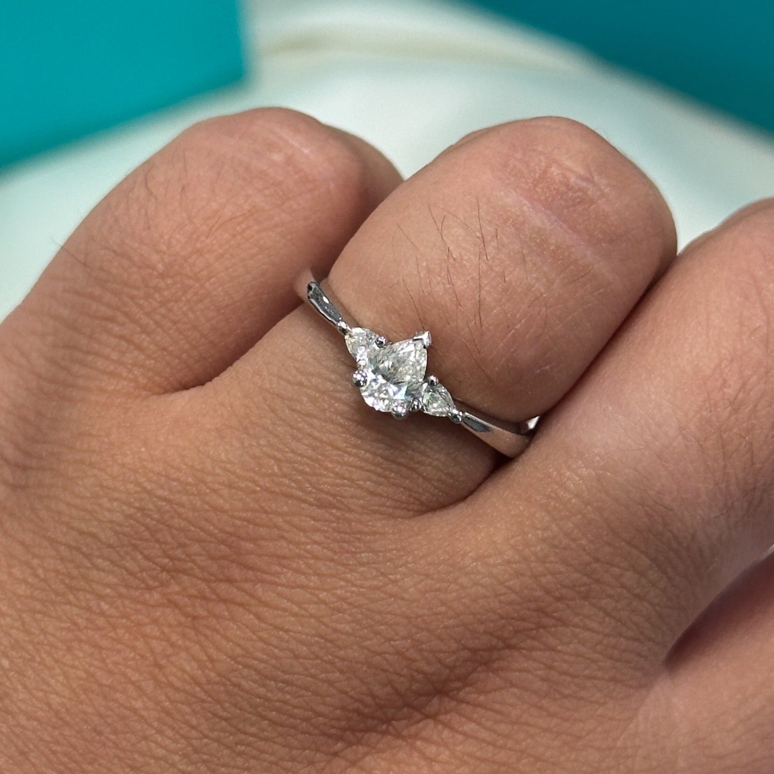 Pear shape diamond three stone ring in 18ct white gold,  0.58ct