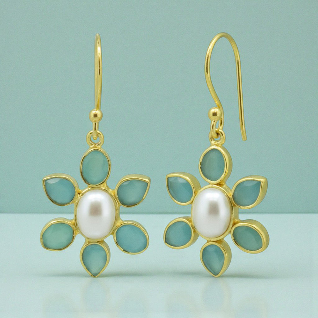 Green Chalcedony and Pearl Flower Drop Earrings in Gold Plated Vermeil