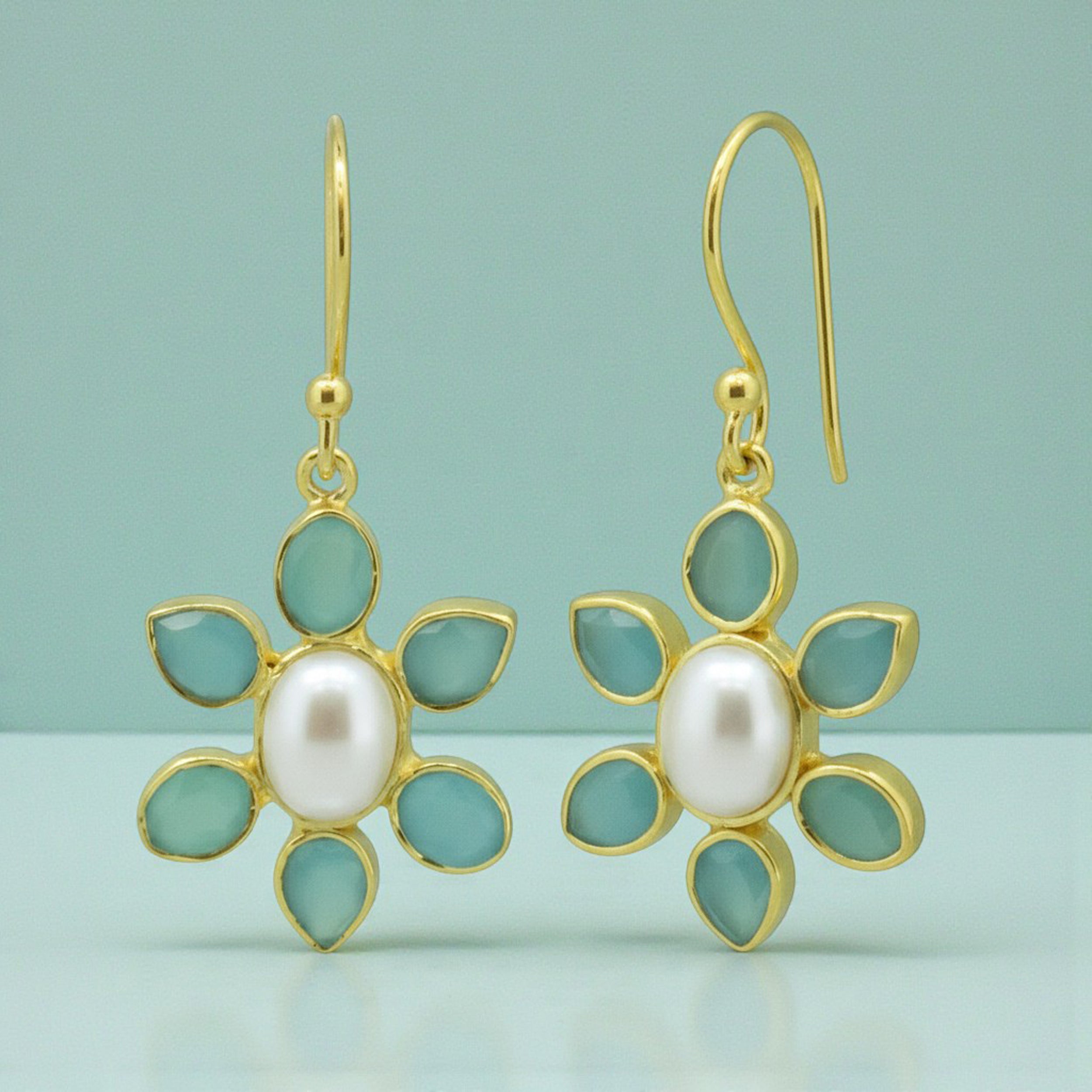 Green Chalcedony and Pearl Flower Drop Earrings in Gold Plated Vermeil