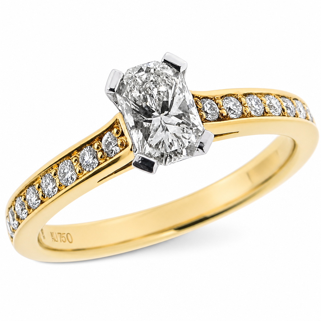 Phoenix cut diamond ring with diamond set shoulders in 18ct yellow gold, 0.72ct