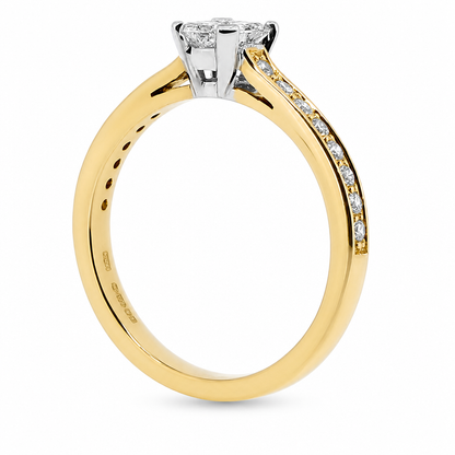 Phoenix cut diamond ring with diamond set shoulders in 18ct yellow gold, 0.72ct