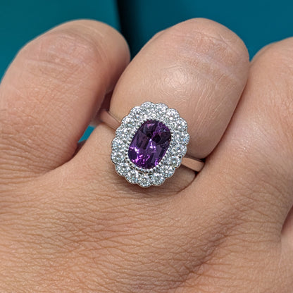 Purple Sapphire &amp; Diamond Edwardian Style Cluster Ring in Platinum, 1.96ct