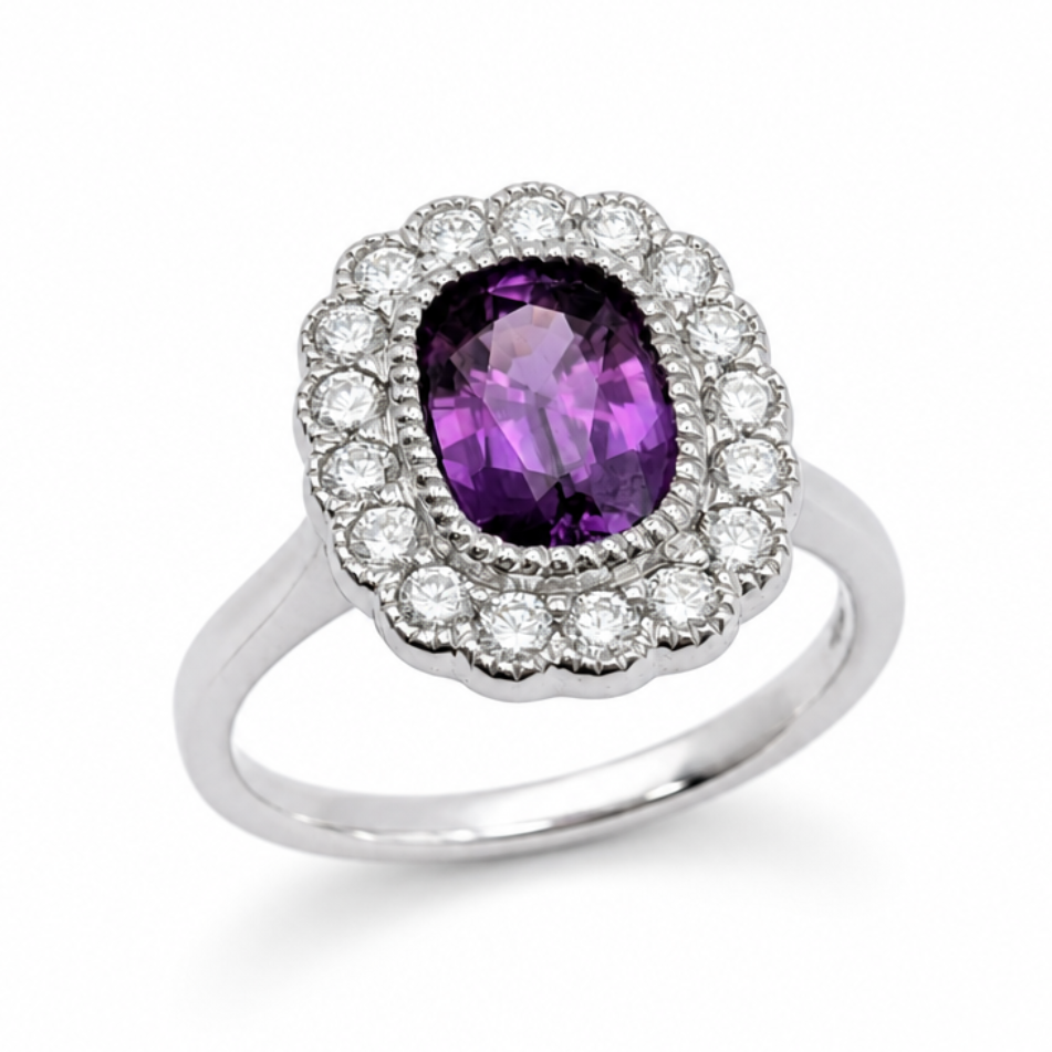 Purple Sapphire &amp; Diamond Edwardian Style Cluster Ring in Platinum, 1.96ct