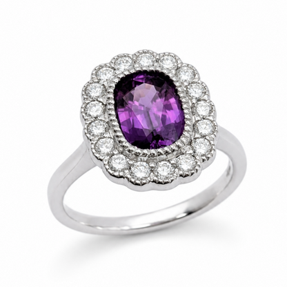 Purple Sapphire &amp; Diamond Edwardian Style Cluster Ring in Platinum, 1.96ct