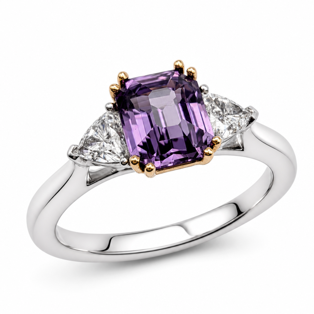 Fancy Purple Sapphire &amp; Diamond Three Stone Ring in 18ct White Gold, 1.59ct