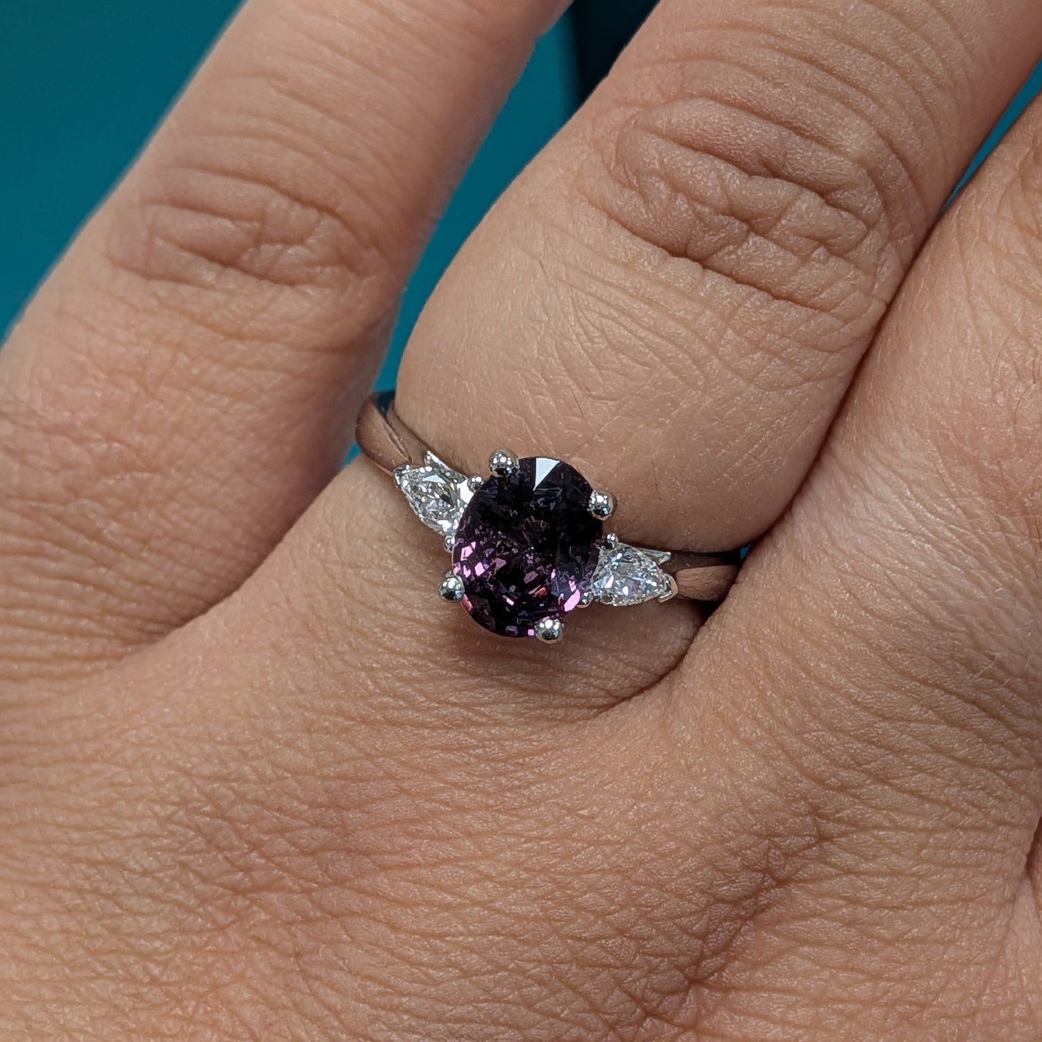 Purple Spinel &amp; Diamond Three Stone Ring in Platinum, 1.74ct