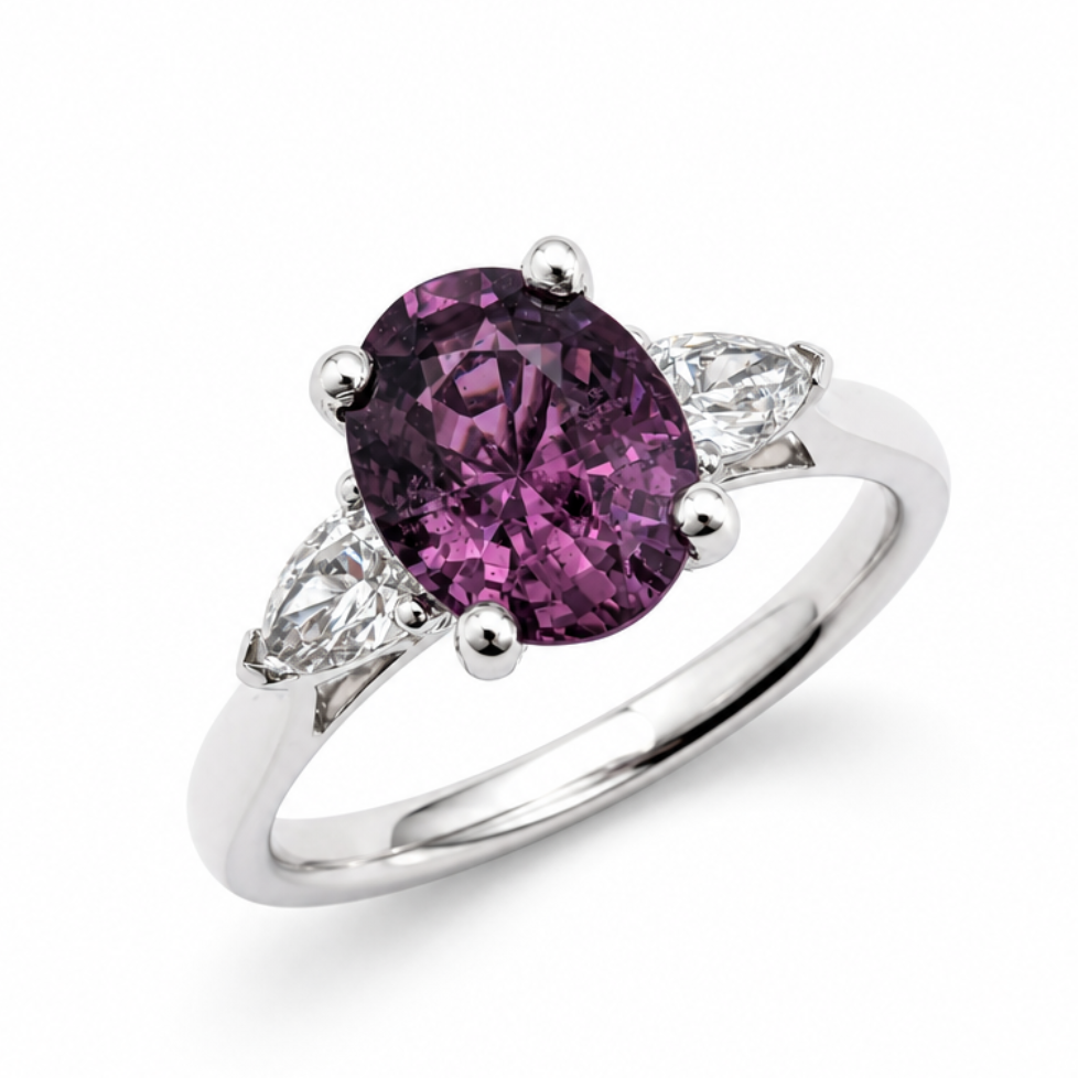 Purple Spinel &amp; Diamond Three Stone Ring in Platinum, 1.74ct