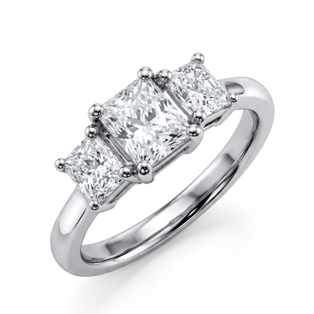 Radiant Cut Diamond Three Stone Engagement Ring in Platinum, 0.80ct