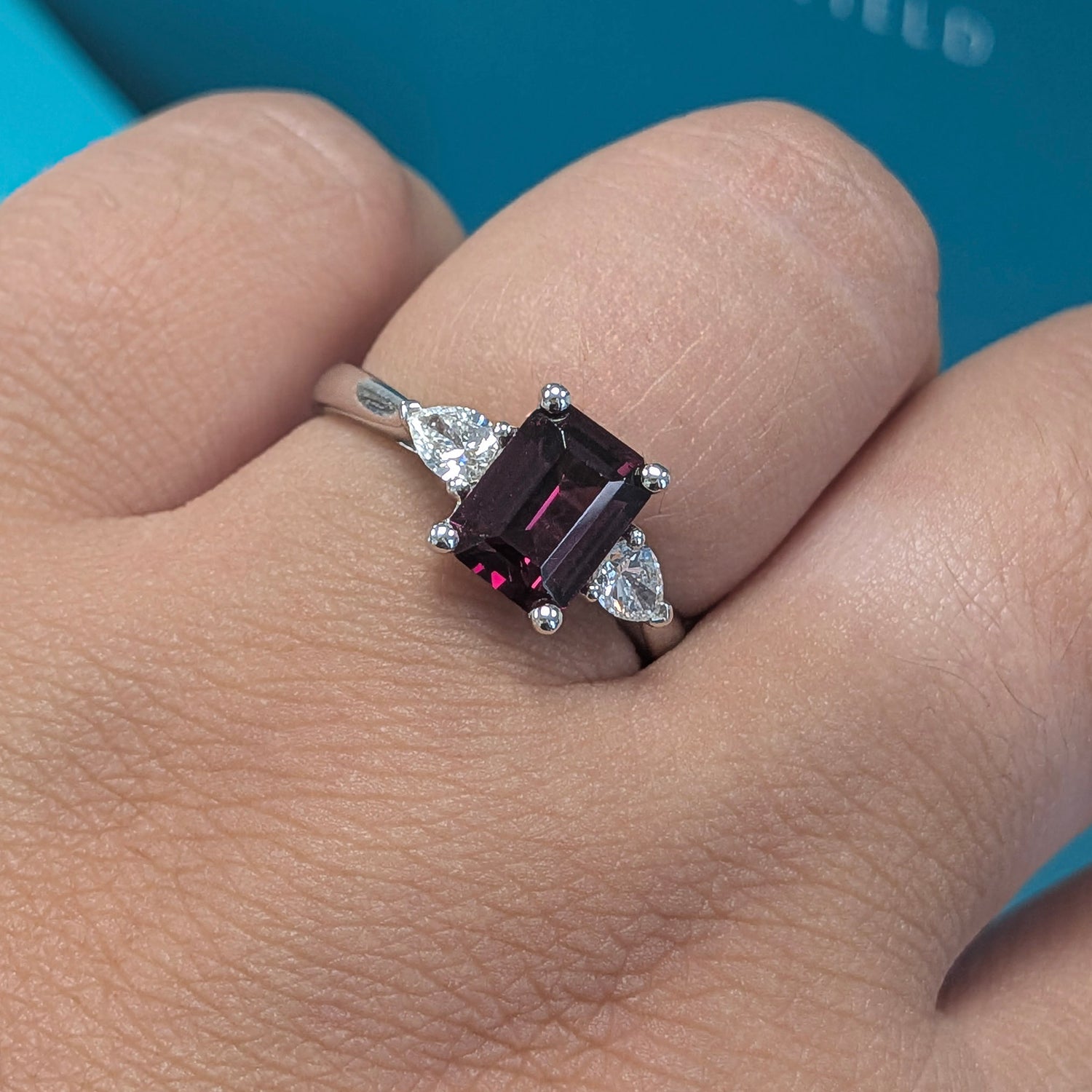 Rhodolite Garnet &amp; Diamond Three Stone Ring in Platinum, 2.01ct