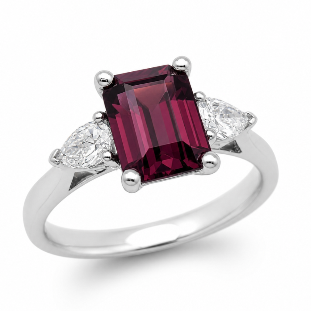 Rhodolite Garnet &amp; Diamond Three Stone Ring in Platinum, 2.01ct