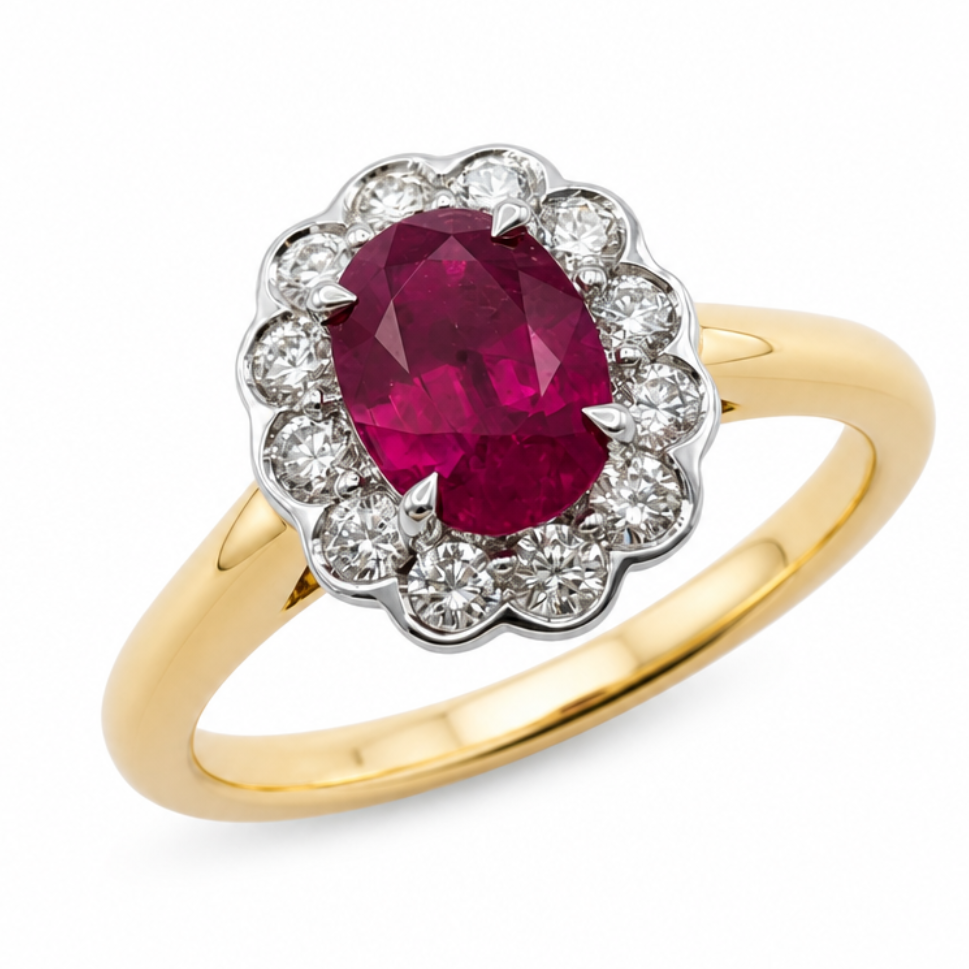 Ruby &amp; Diamond Cluster Ring in 18ct Yellow Gold, 1.35ct