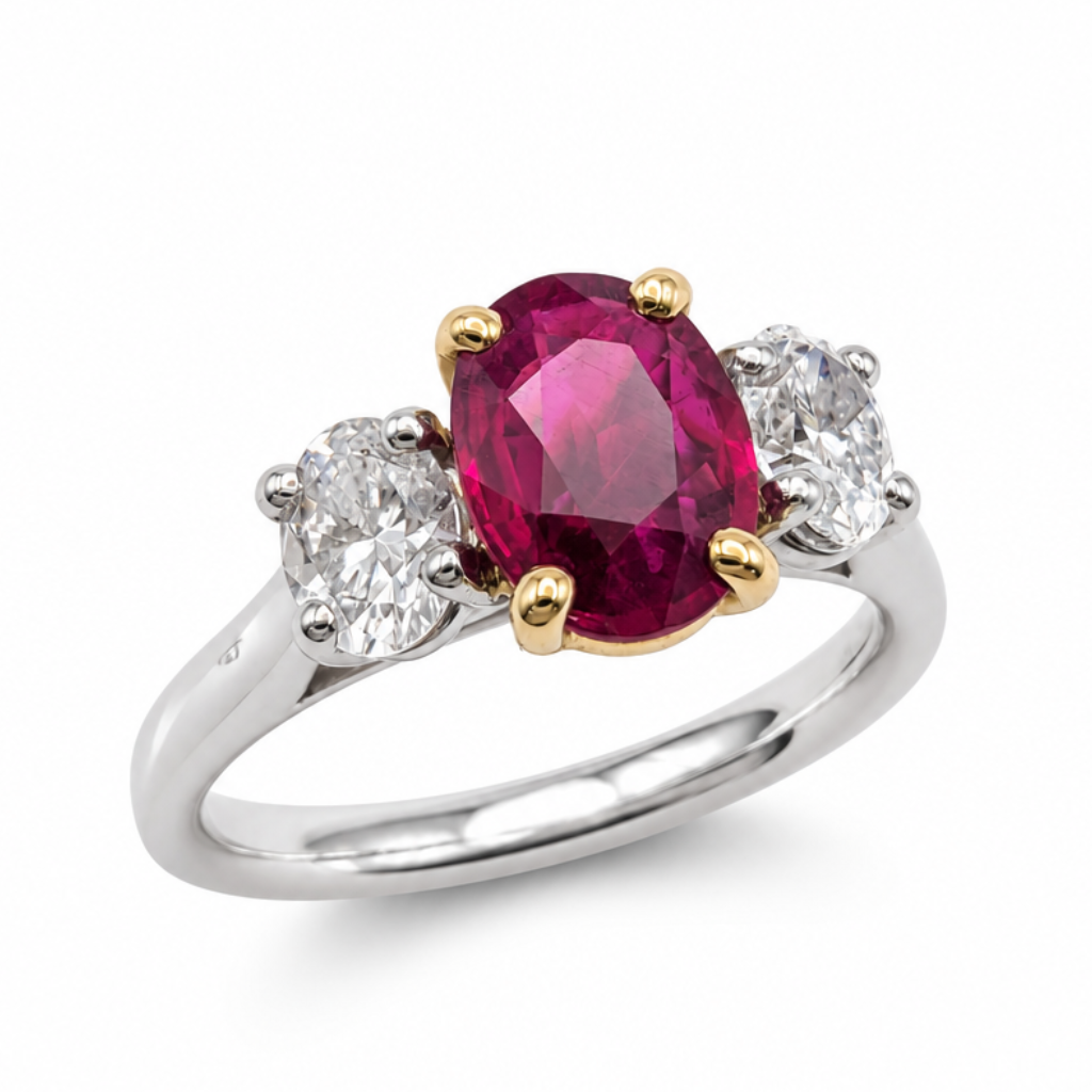 Ruby &amp; Diamond Three Stone Ring in Platinum, 1.85ct