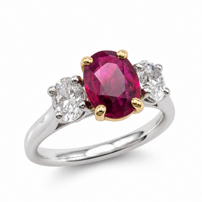 Ruby &amp; Diamond Three Stone Ring in Platinum, 1.85ct