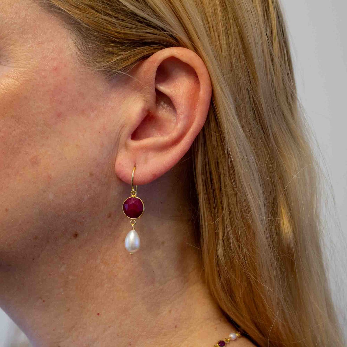 Ruby and Freshwater Pearl Drop Earrings