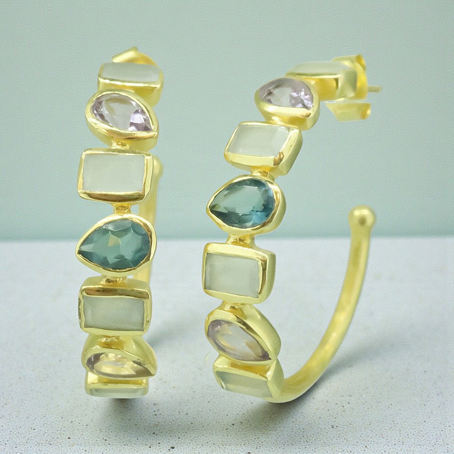 Multi Stone Set Hoop Earrings in Gold Plated Vermeil