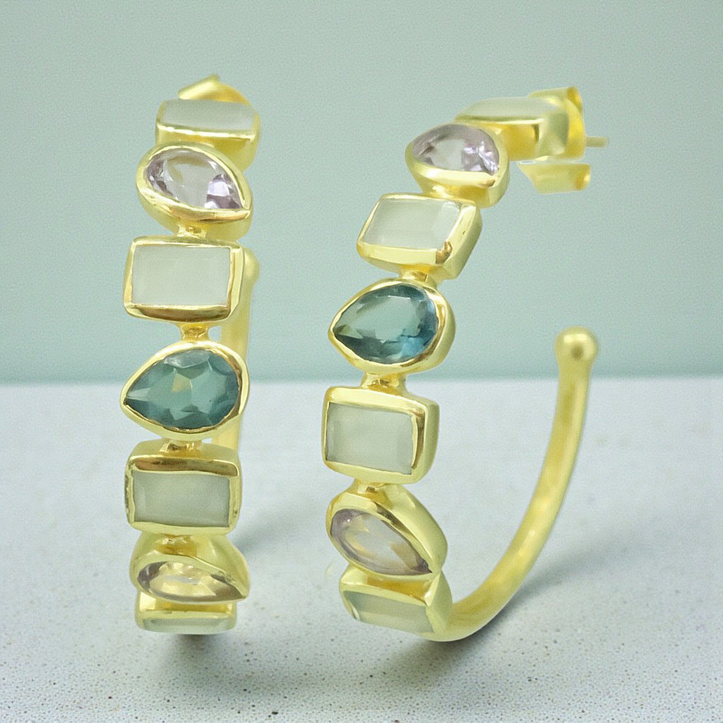Multi Stone Set Hoop Earrings in Gold Plated Vermeil
