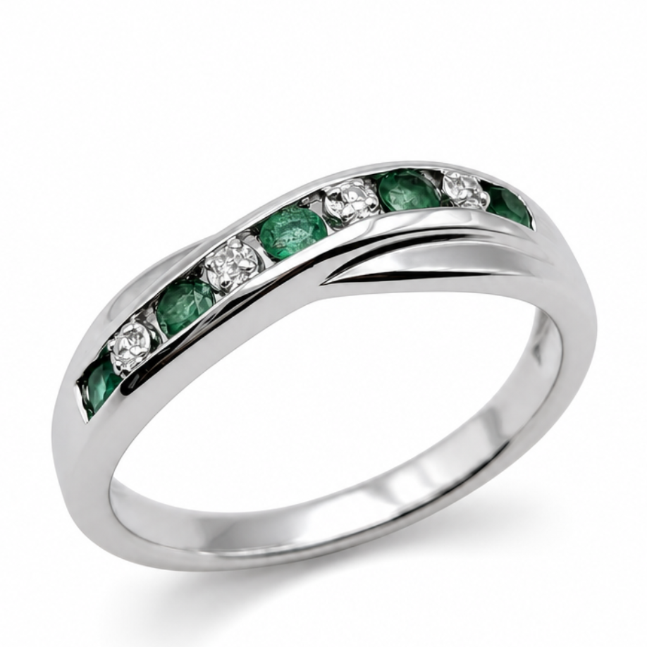 Synthetic Emerald &amp; Diamond Crossover Dress Ring in Silver