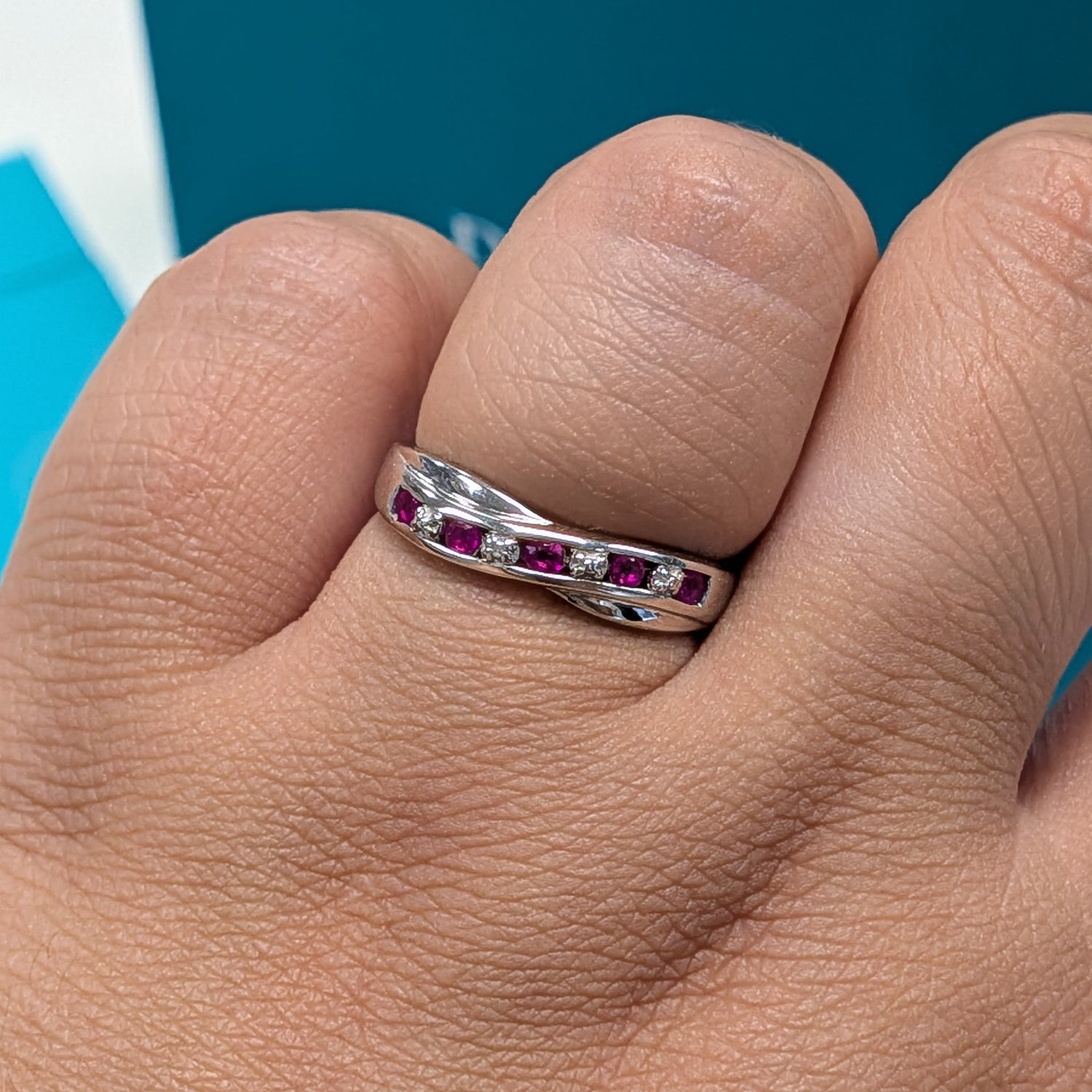 Synthetic Ruby &amp; Diamond Crossover Dress Ring in Silver