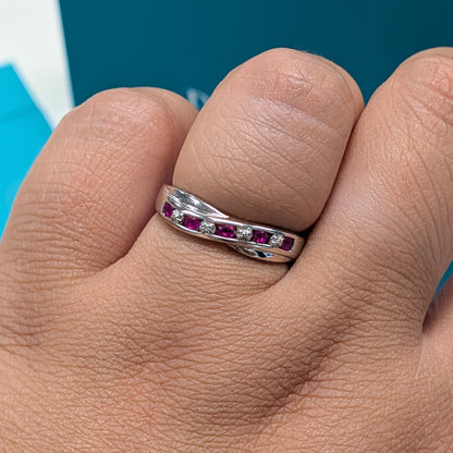 Synthetic Ruby &amp; Diamond Crossover Dress Ring in Silver