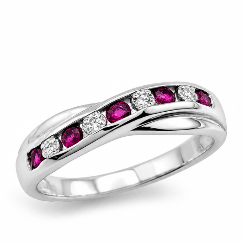 Synthetic Ruby &amp; Diamond Crossover Dress Ring in Silver