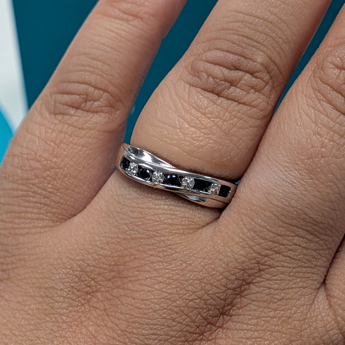 Synthetic Sapphire &amp; Diamond Crossover Dress Ring in Silver
