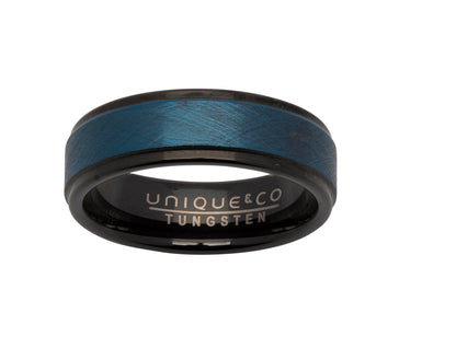Tungsten Carbide Ring with Brushed Blue Centre and Polished Black IP Plating | 7mm width | Made For You