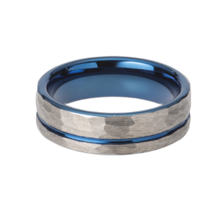 Tungsten Carbide Ring with Hammered Finish and Blue IP Plating | 7mm width | Made For You