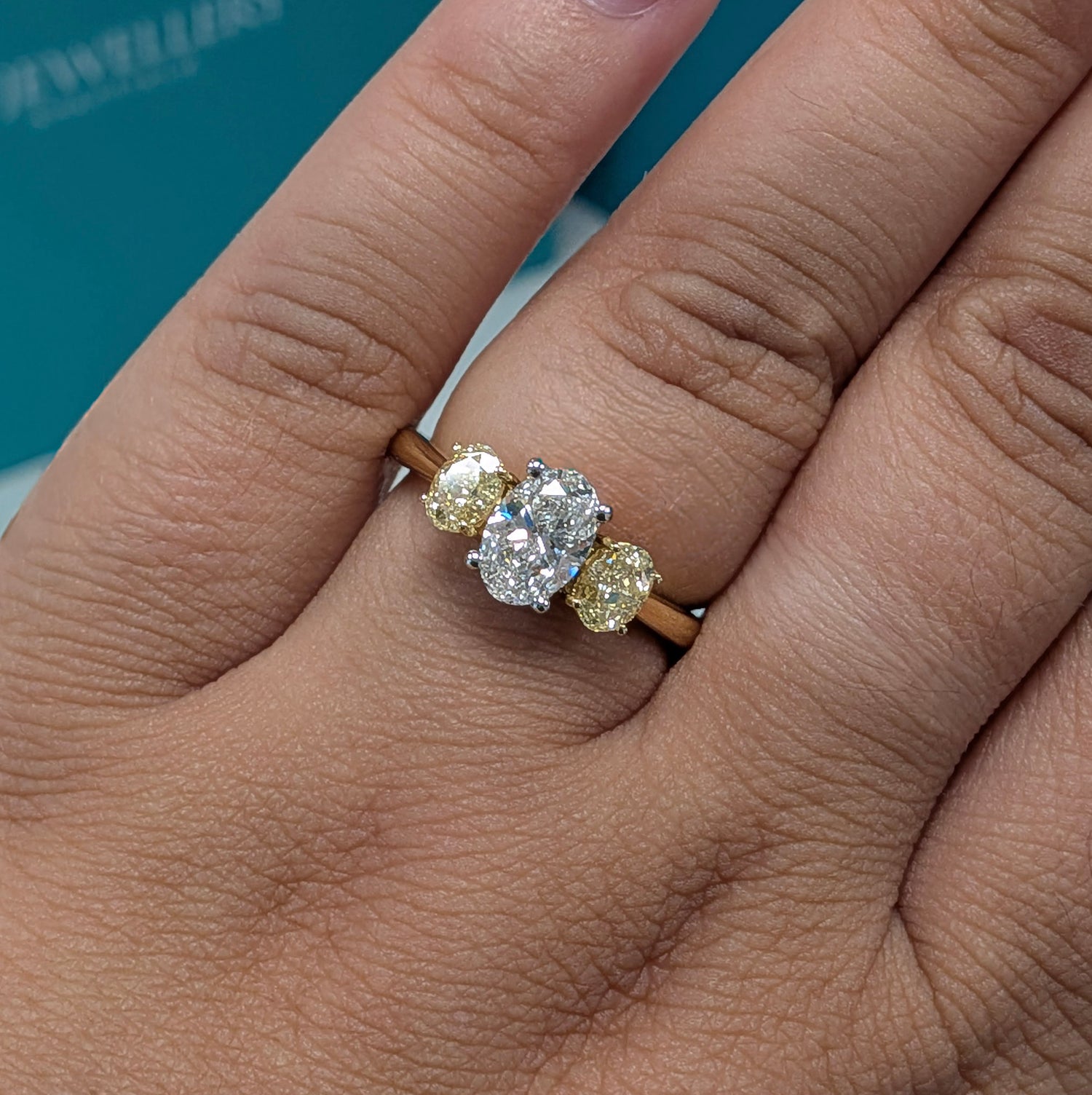 Oval Diamond Three Stone Engagement Ring with Fancy Yellow Diamonds, 1.66ct